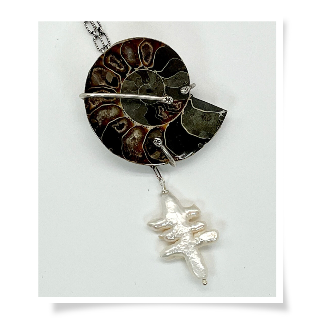 Jewelry - Ammonite & Freshwater Pearl, Sterling Silver Necklace