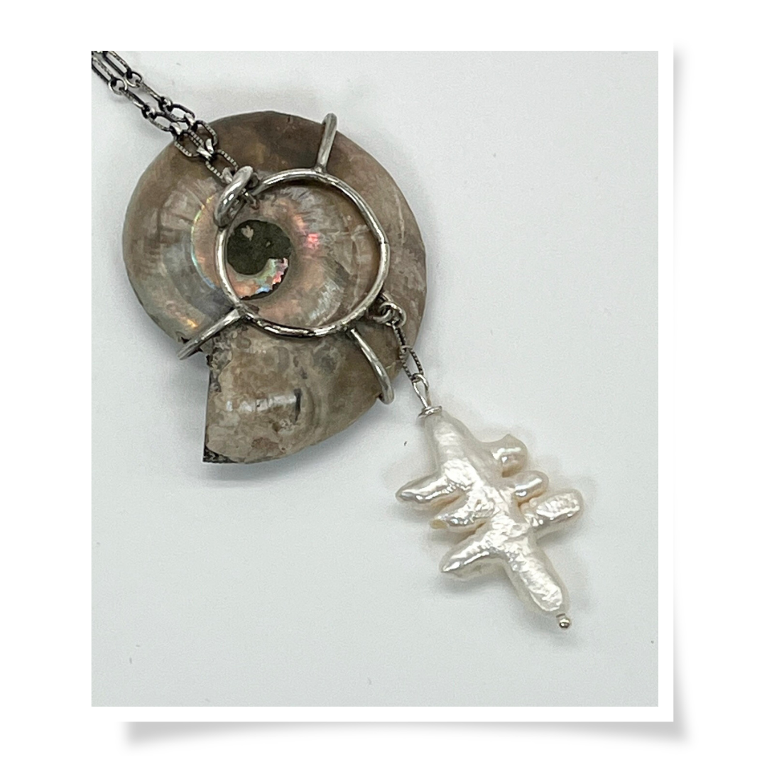 Jewelry - Ammonite & Freshwater Pearl, Sterling Silver Necklace