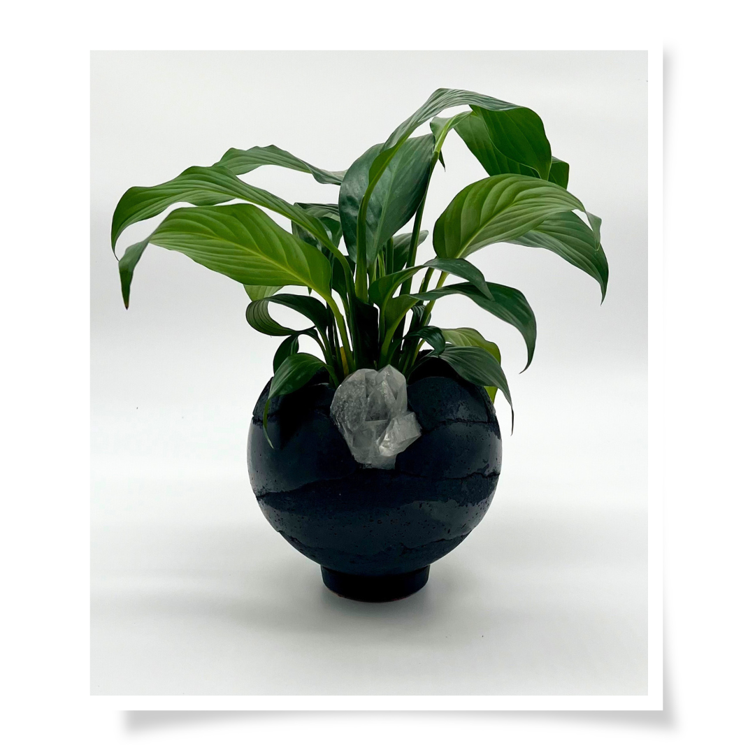 Concrete & Crystal Planter - Black With Clear Crystal