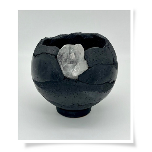 Concrete & Crystal Planter - Black With Clear Crystal