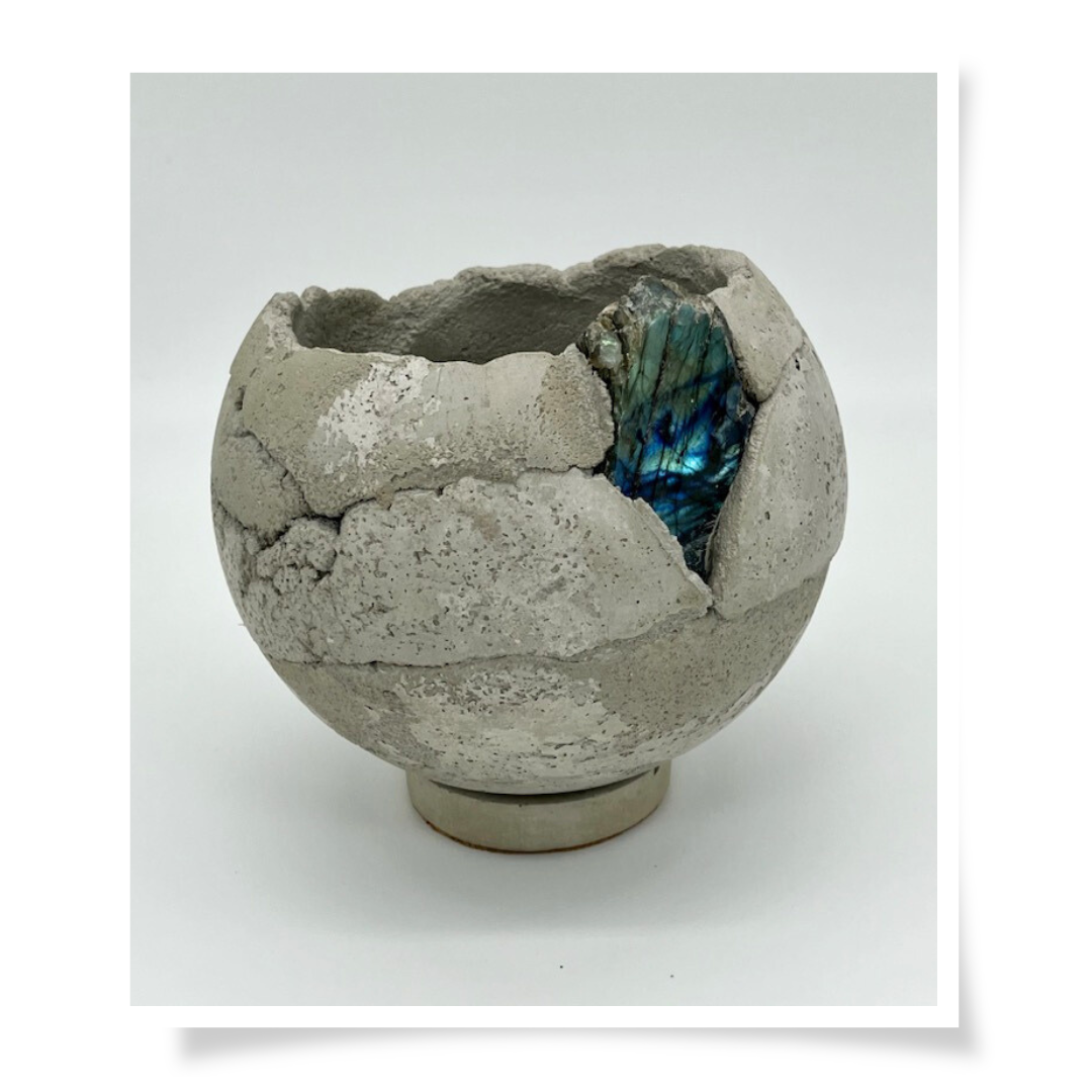 Concrete & Crystal Planter - Natural With Labradorite